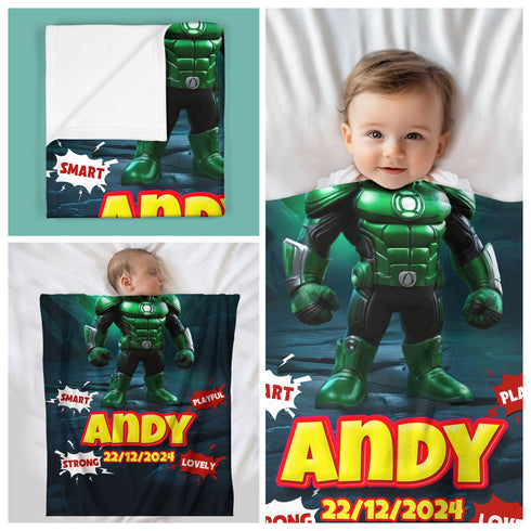 Personalized Baby Superhero Blanket – Green Lantern Style | Custom Name, Date & Background